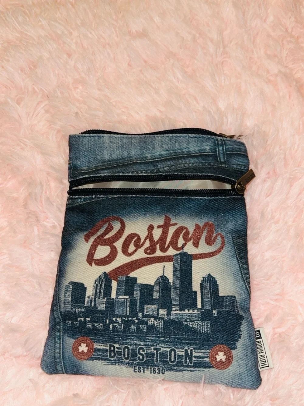 Robin Ruth Denim-Look Crossbody Pouch with Red Script